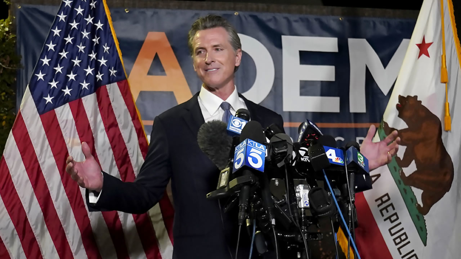 Newsom addresses reporters in Sacramento after beating back the recall attempt. Photo credit: ABC 7 News