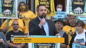 Public Advocates legislative counsel Andrés Ramos at Housing Now! rally in Sacramento in April 2022.