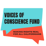 Two speech bubbles in the Public Advocates branded colors. The speech bubbles say: Voices of Conscience Fund. Making rights real for all Californians.